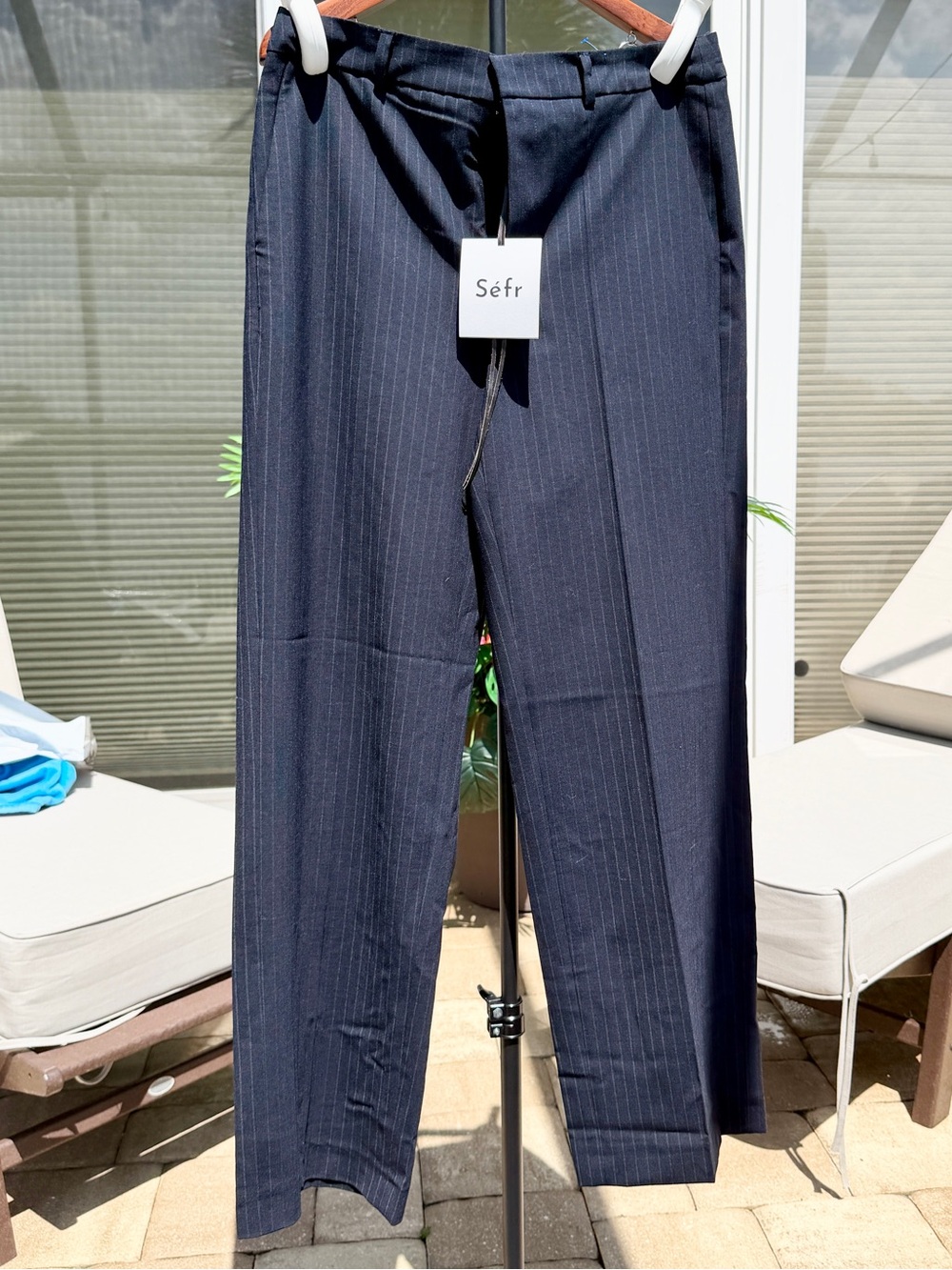 Séfr Flavio Pinstripe Trousers 32/32 M Navy Virgin Wool Blend NWT Dress Pants - Picture 3 of 16